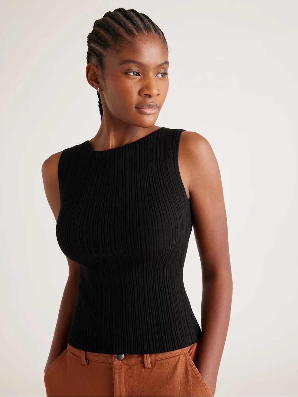 Quince Cotton Cashmere Ribbed Sleeveless Knit Tank Top - Black (M)